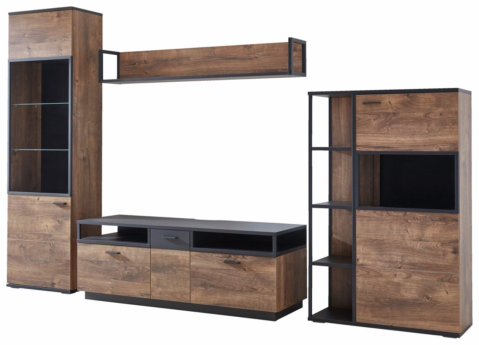 Modernes TV-Möbel-Set Bastian mit zwei hohen Sideboards, integrierten TV-Bereichen und einer breiten TV-Bank mit Schublade und Schranktüren, in einer 3/4-Ansicht.