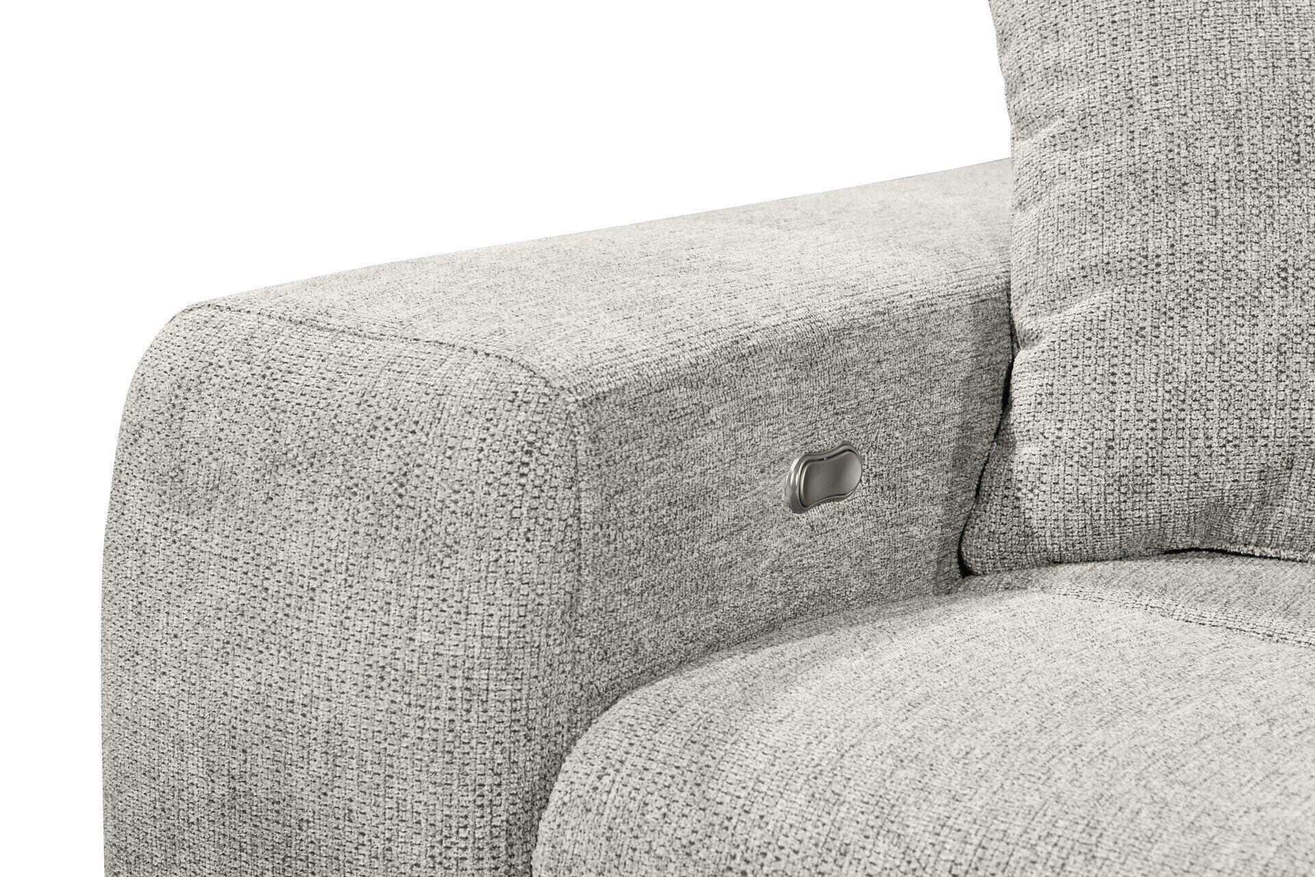Detailaufnahme der Armlehne eines grauen Sofas Sydney mit strukturiertem Stoffbezug und silbernem Mechanismus zur Relaxfunktion.
