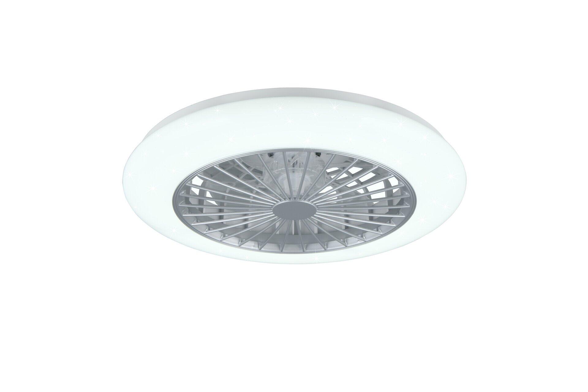 Runder Deckenventilator mit weißem Rahmen und silbernen Flügeln.