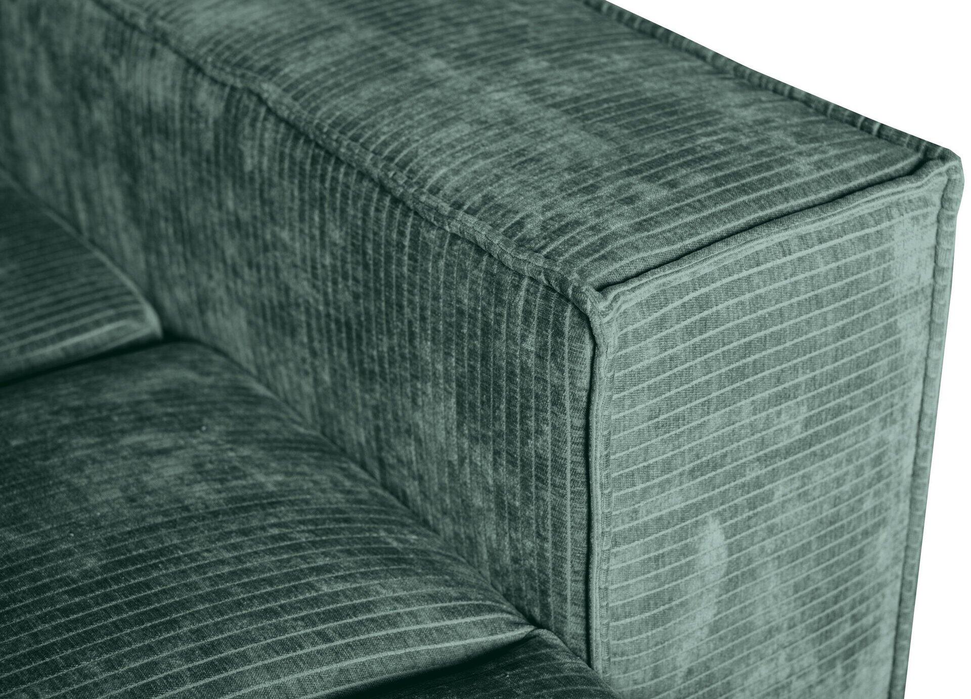 Bigsofa Sky: Detailaufnahme der dunkelgrün bezogenen Armlehne und Rückenlehne mit auffälligem Fischgratmuster.