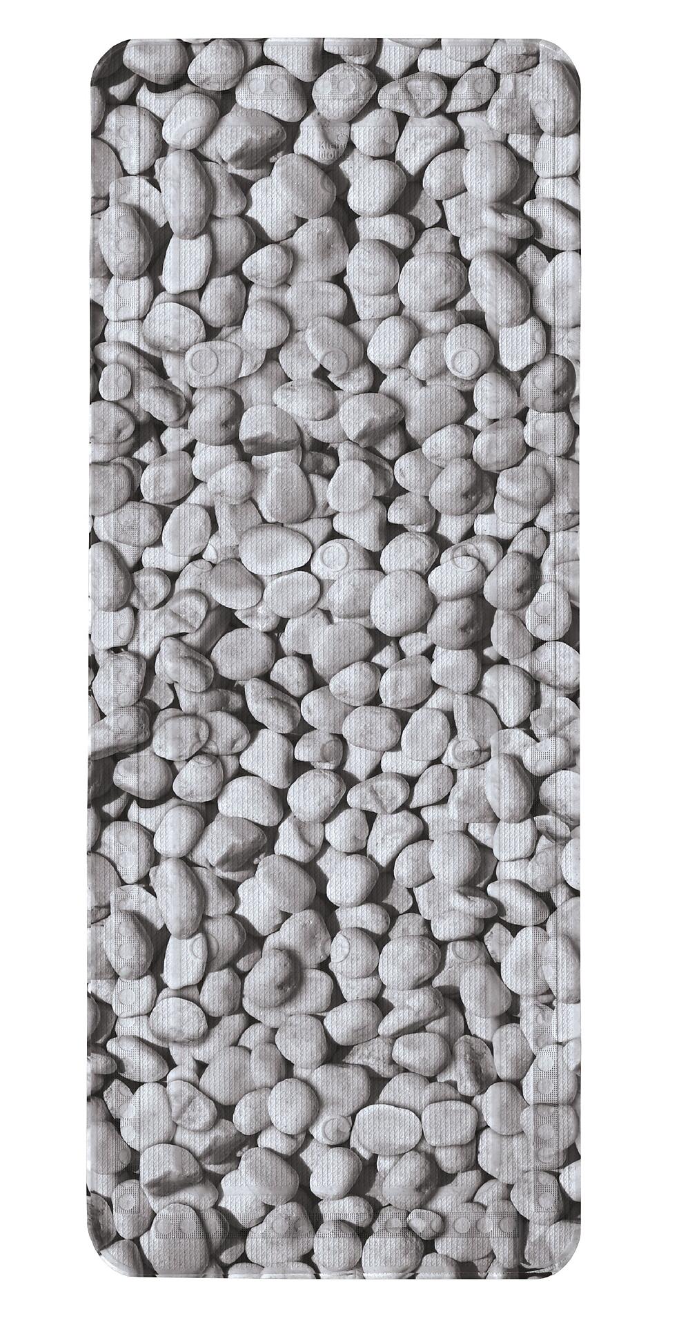 Nahaufnahme der grauen Oberfläche der Stepstone Wanneneinlage mit einem Detail aus kleinen, runden Steinen in verschiedenen Grautönen.