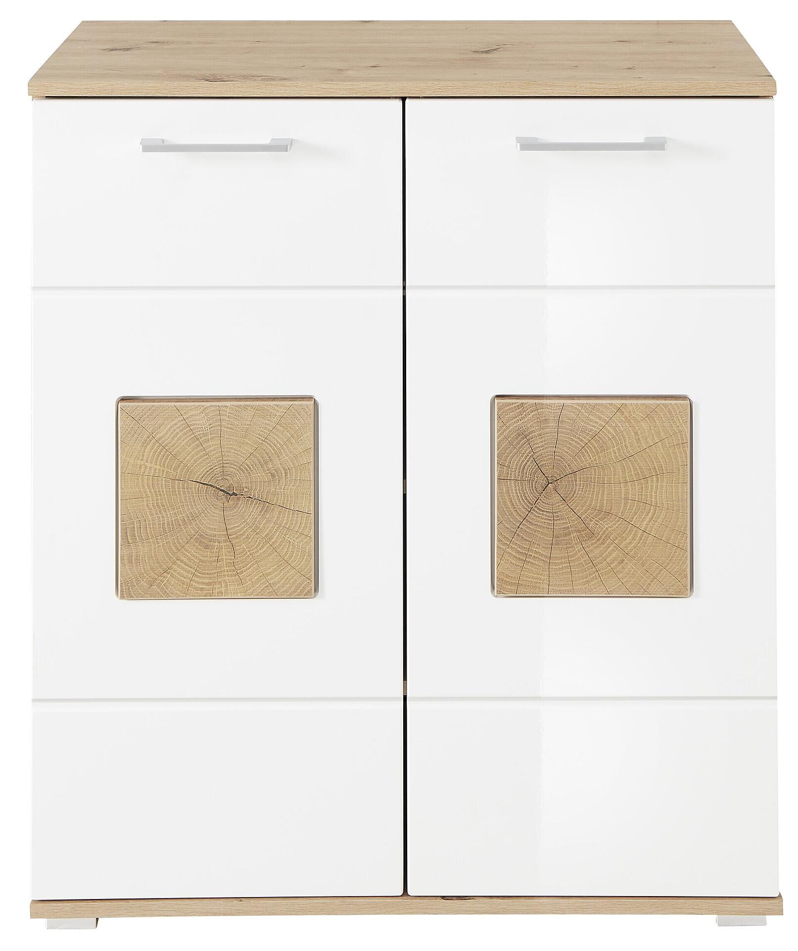 Schuhschrank Fun mit weißen Hochglanzfront, Hirnholz-Absetzung, Holztüren, Schublade und runder Holz-Applikation an der Tür.