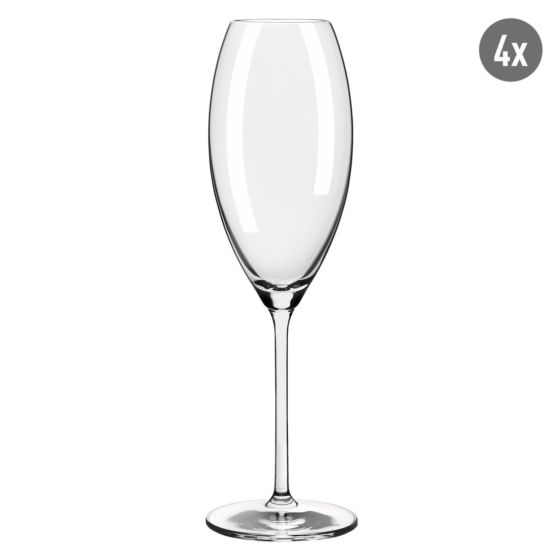 Champagnerglas aus einem 12-teiligen Wein- und Champagnerglas-Set, dargestellt in frontaler, leicht schräger Perspektive mit breitem Kelch und elegantem Stiel.