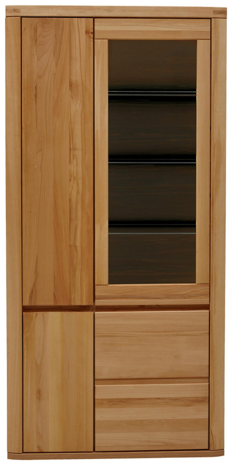 Vitrine Timos mit Glastür rechts, drei Holztüren und sichtbaren Regalböden im Inneren.