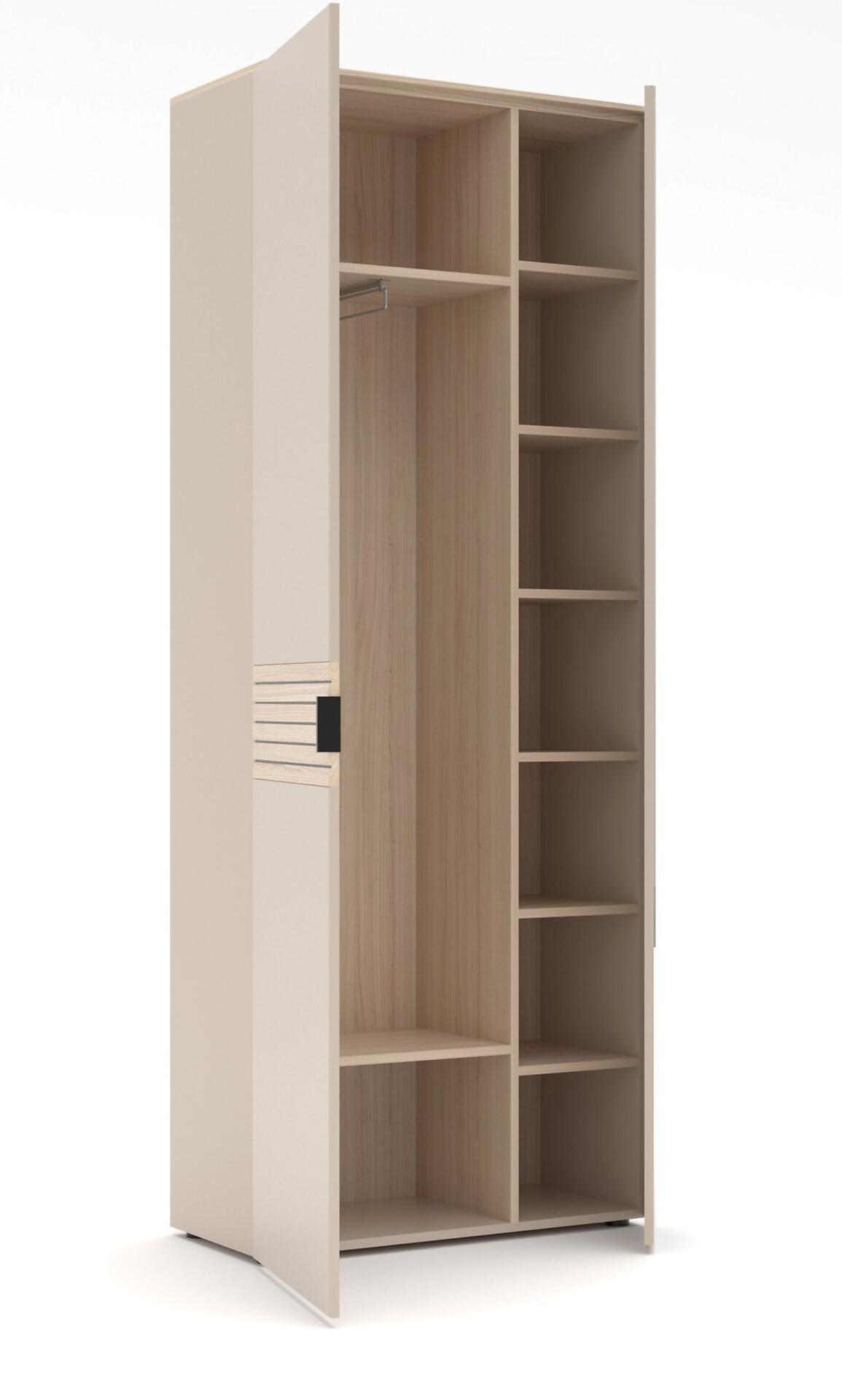 Garderobenschrank Ina mit einer geöffneten Tür, die einen Einblick in den Innenraum mit Kleiderstange und mehreren Holzfächern gewährt.