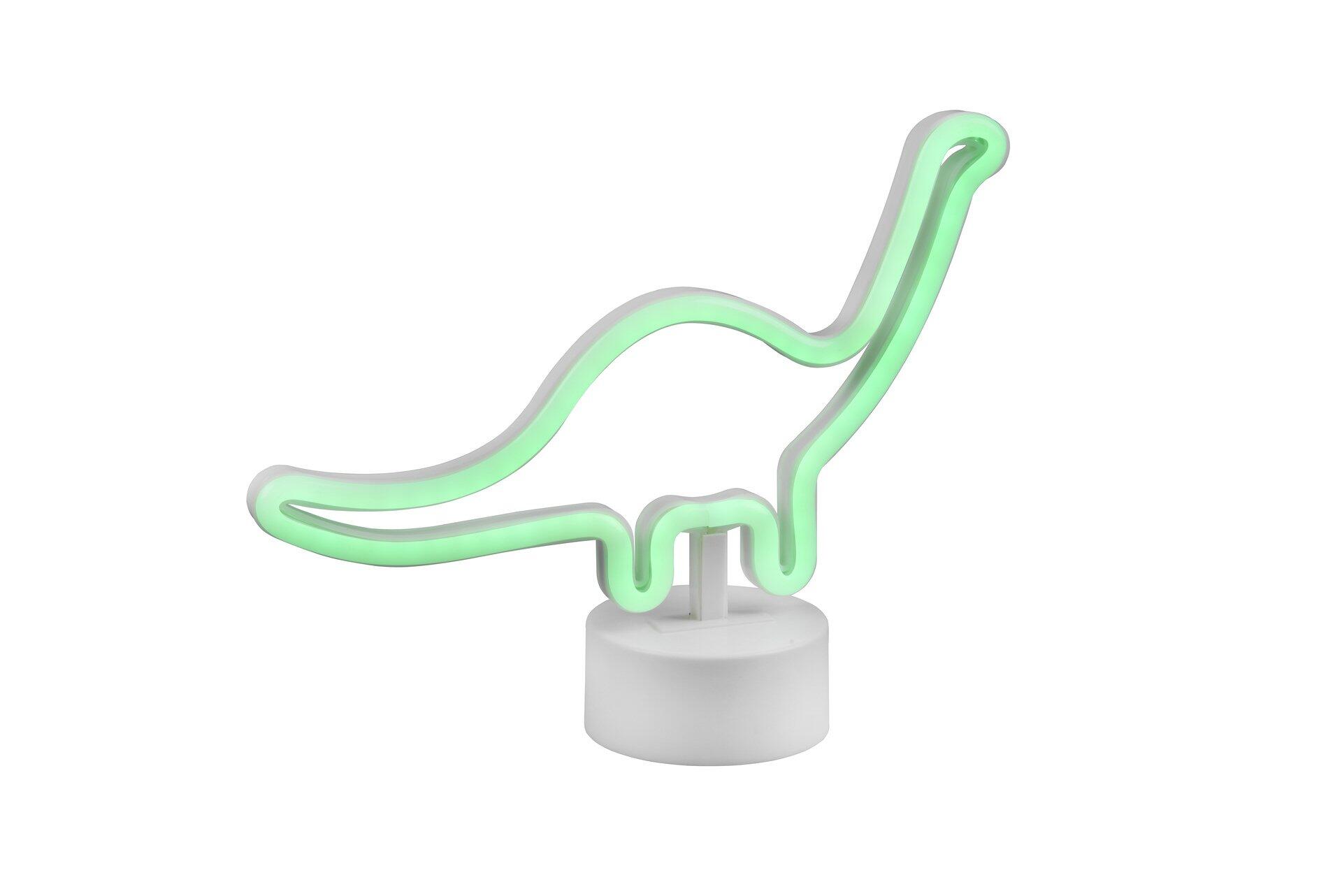 Tischleuchte Bronto als stilisiertes, hellgrünes Dino-Neon-Leuchtobjekt mit gebogenem Hals und Kopf auf rundem Sockel.