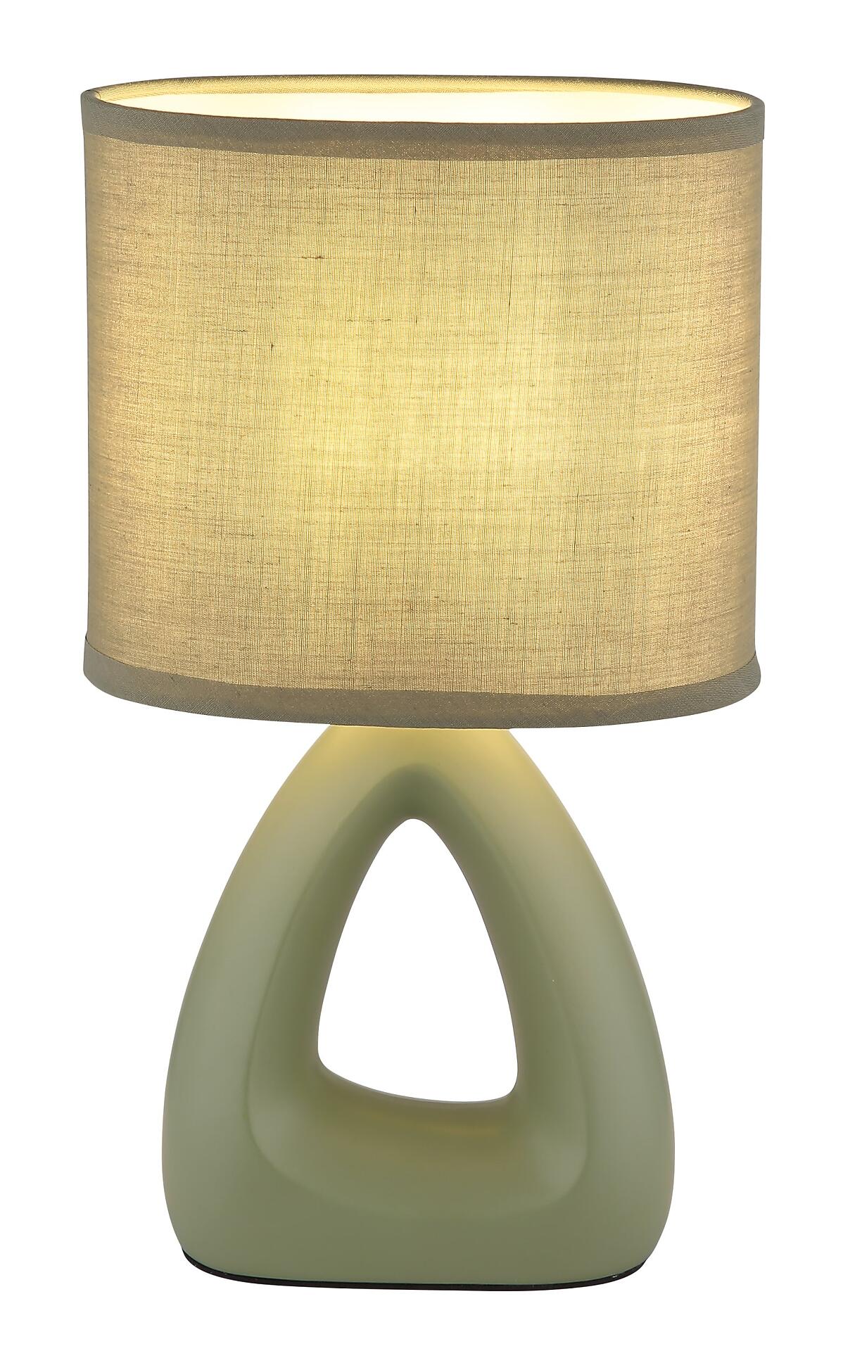 Tischleuchte TRIANGLE mit zylindrischem, beige-farbenem Lampenschirm und skulpturalem, grünlich-weißem Fuß.
