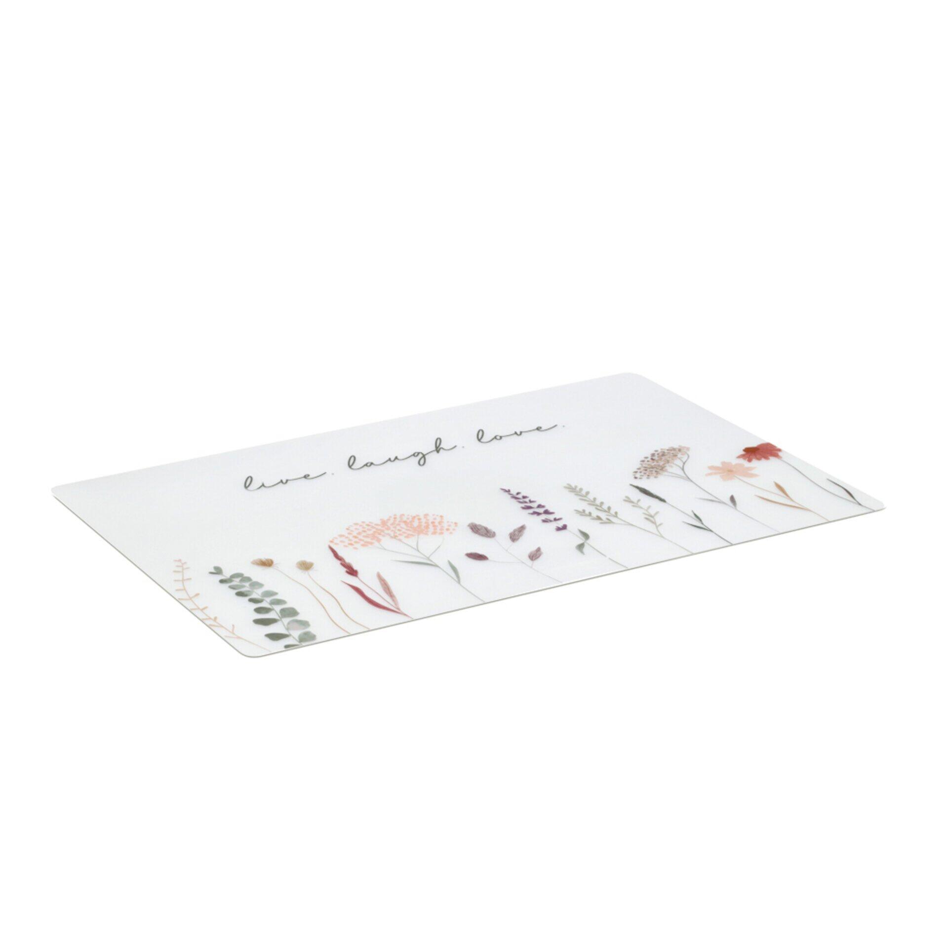 Rechteckiger Tischläufer mit getuschten Blumen- und Blattmotiven in Grün, Rosa und Beige, mit der Aufschrift "live. laugh. love."