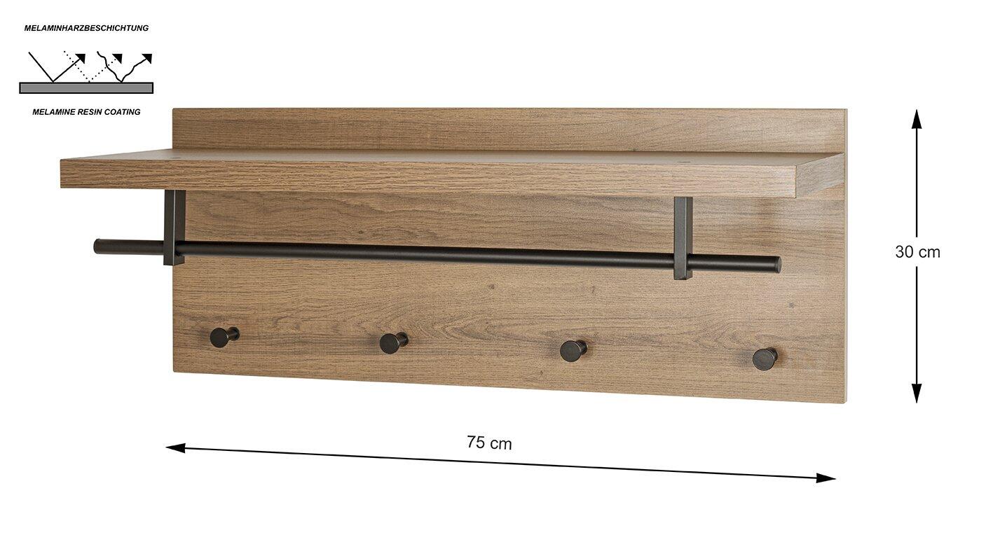 Wandgarderobe 37144 mit Hutablage, Kleiderhaken und Kleiderstange, dargestellt in einer Frontalperspektive.