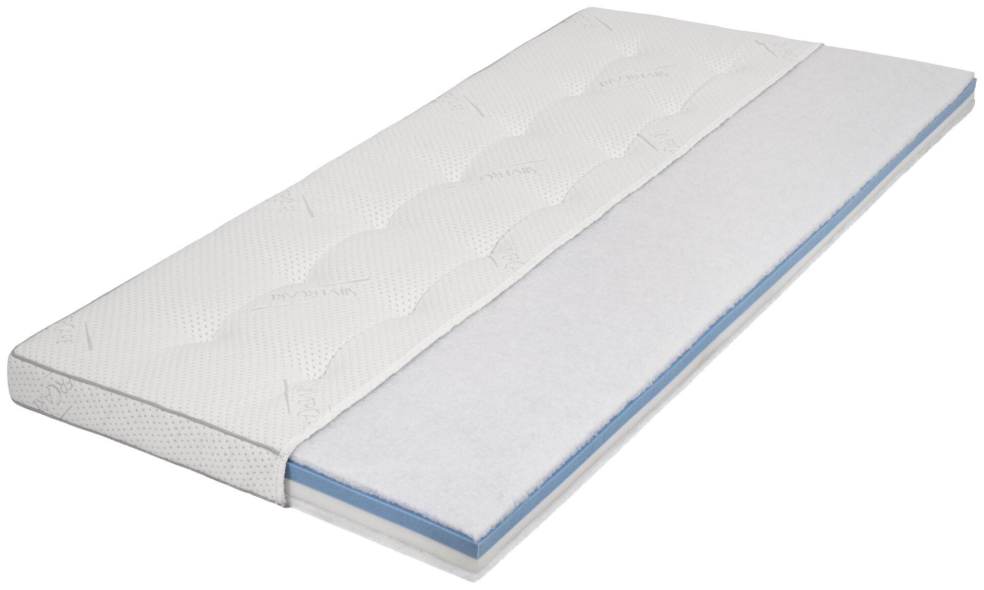 Matratzenkern aus Memory-Schaum mit wellenförmiger Oberfläche und blauer Akzentleiste, aus schräger Perspektive auf weißem Hintergrund dargestellt.