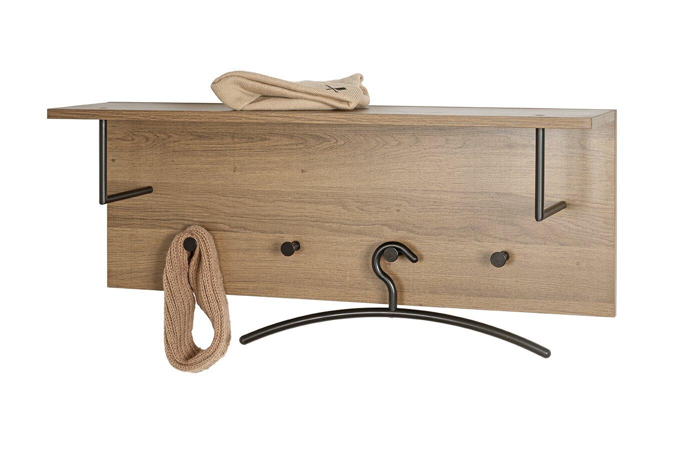 Wandhaken der Wandgarderobe 37147 mit integrierter Ablagefläche und vier schwarzen Haken, dargestellt in einer frontalen, leicht schrägen Ansicht.
