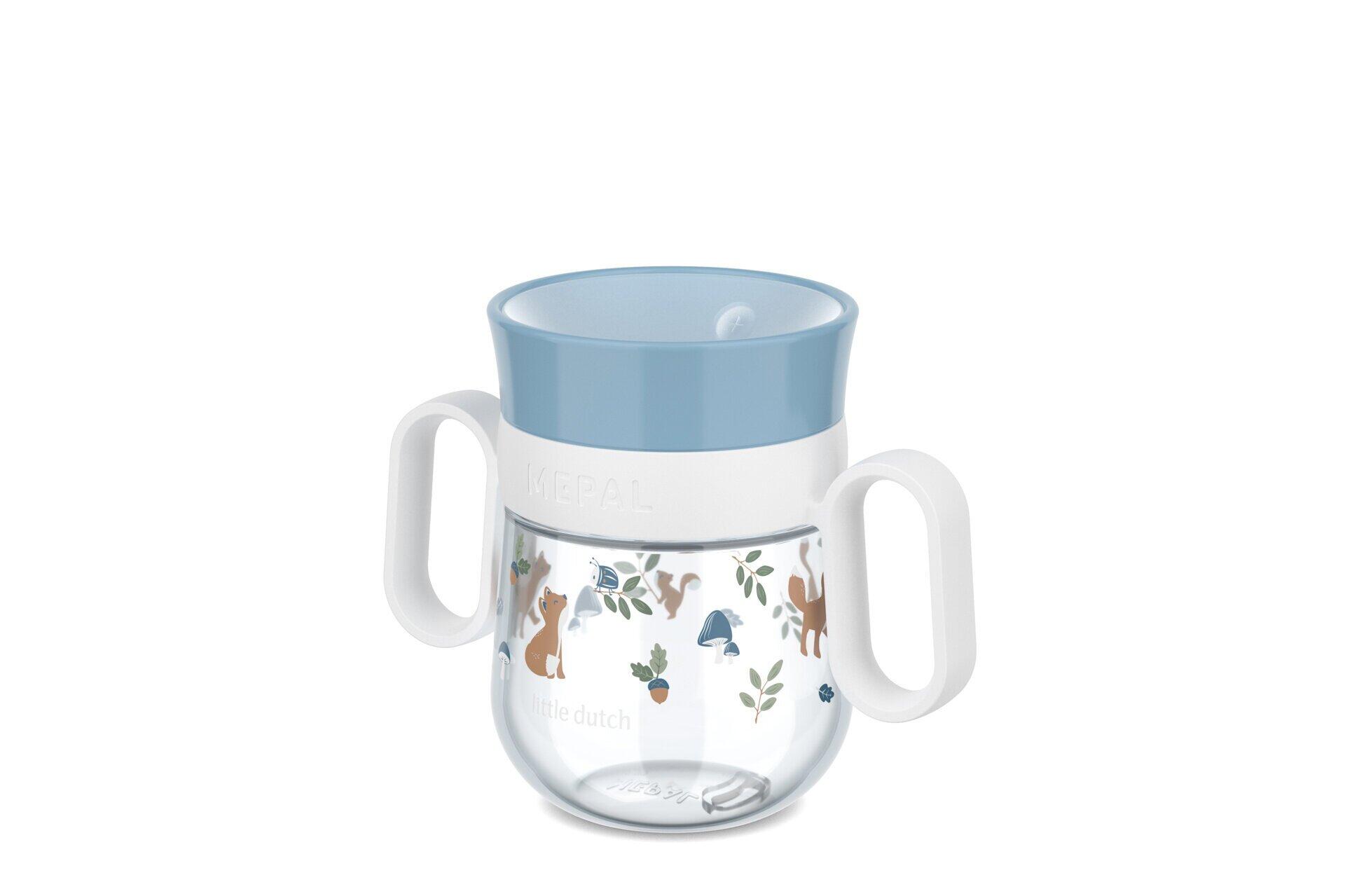 Kinderbecher Mio, hellblau mit Henkeln, Deckel mit Aussparungen und Motiv von Fuchs, Blättern und Pilzen.