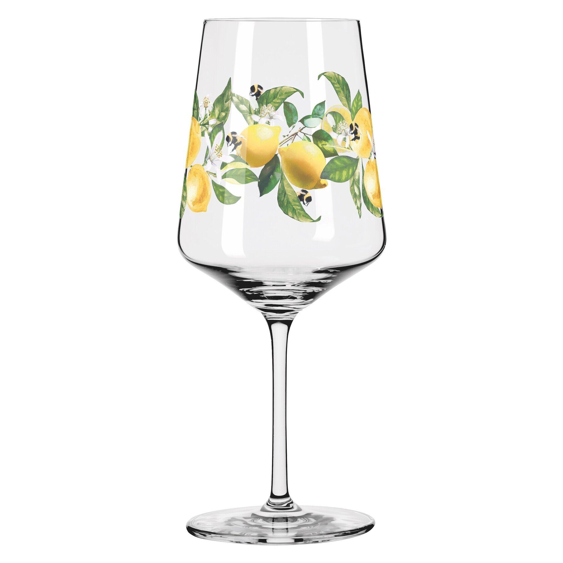 Aperitifglas mit konischem Kelch, elegantem Stiel und sommerlichem Dekor aus Zitronen und Blättern, dargestellt in frontaler Perspektive.