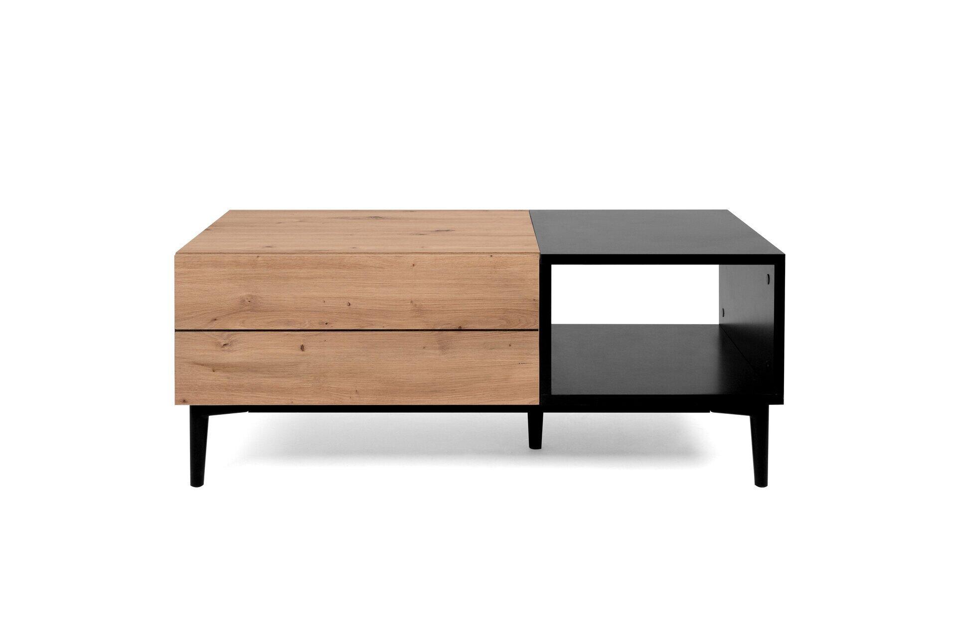 Couchtisch Nola 55A in Seitenansicht mit Eiche-Oberplatte, schwarzen Füßen, Schubladen und offenem Stauraum mit Regalboden.