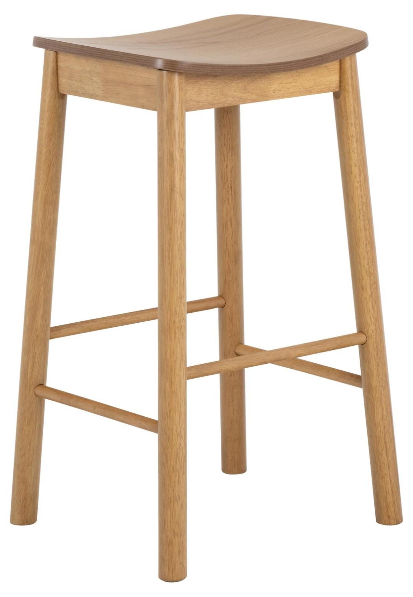 Barhocker Barlow mit gewölbter Sitzfläche und Querstrebe zwischen den schlanken Beinen.