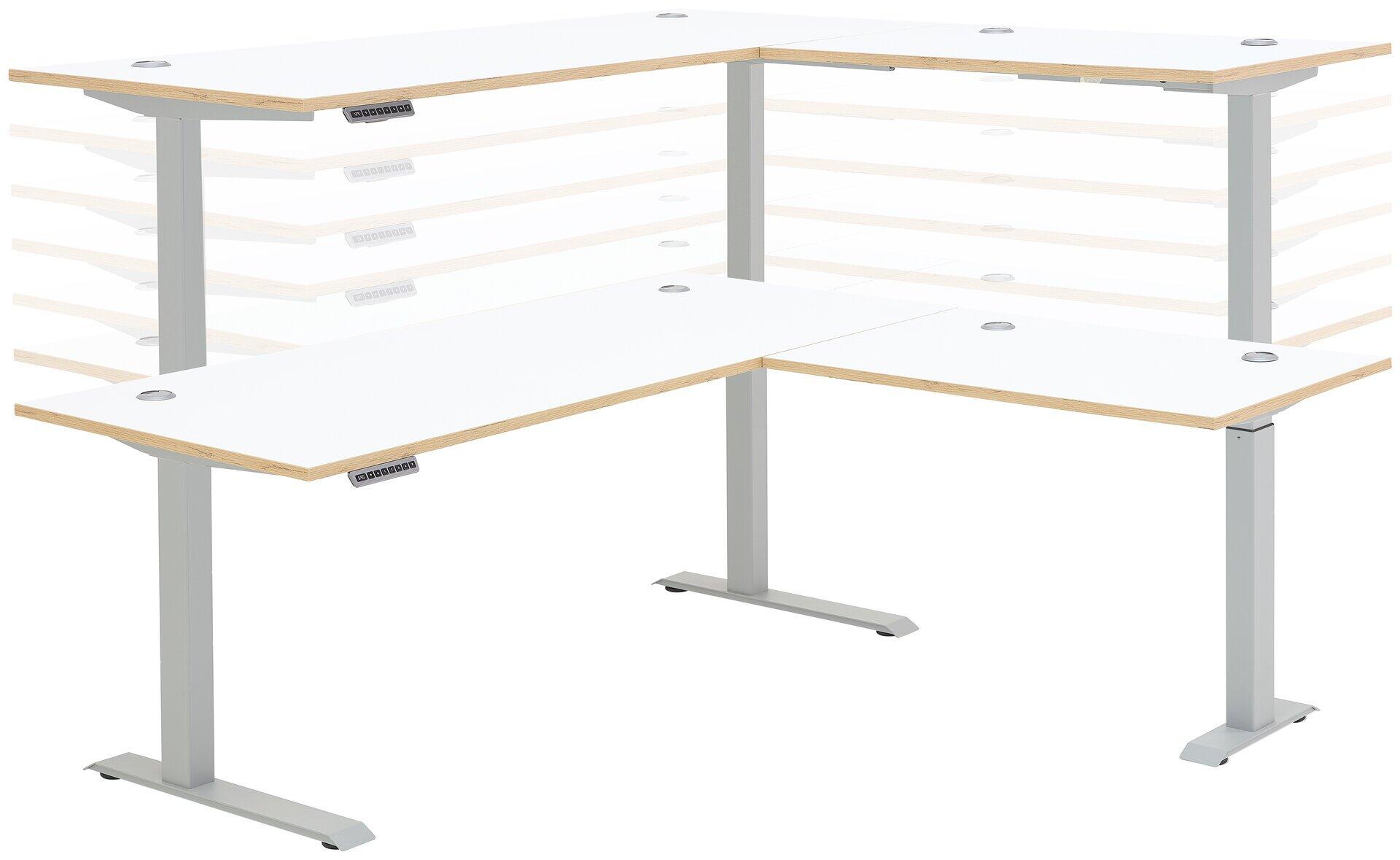 Schreibtisch Memphis in L-Form mit weißer Tischplatte und hellen Holzakzenten, silberfarbenem, höhenverstellbarem Metallgestell und Bedienelement zur Höhenanpassung.