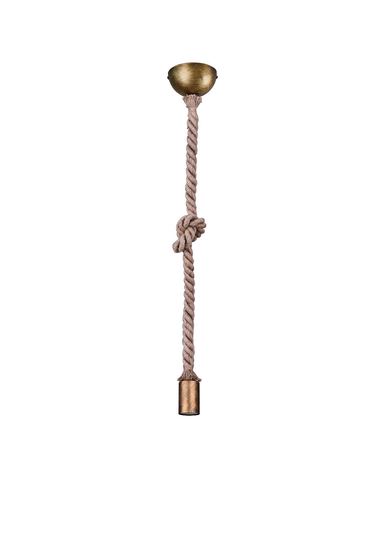 Pendelleuchte Rope mit messingfarbenem Deckenflügel, schwarzer Fassung und einem Seil, das die Leuchte an der Decke befestigt.