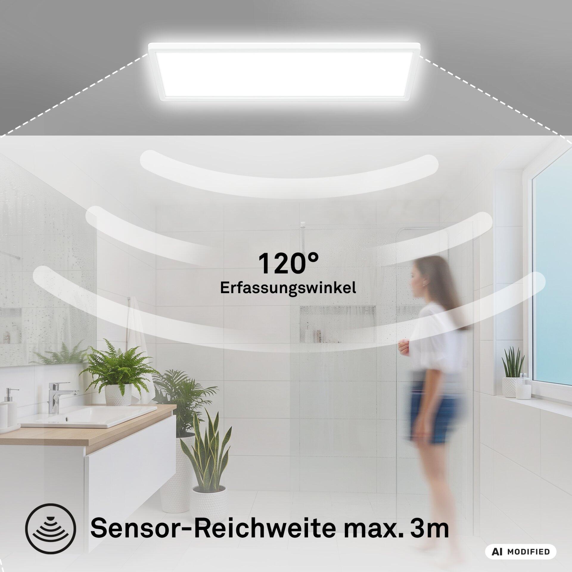 Panel, Move: LED-Deckenleuchte mit Bewegungssensor und 120° Erfassungswinkel sowie maximal 3m Reichweite, dargestellt in einem modernen Badezimmerambiente.