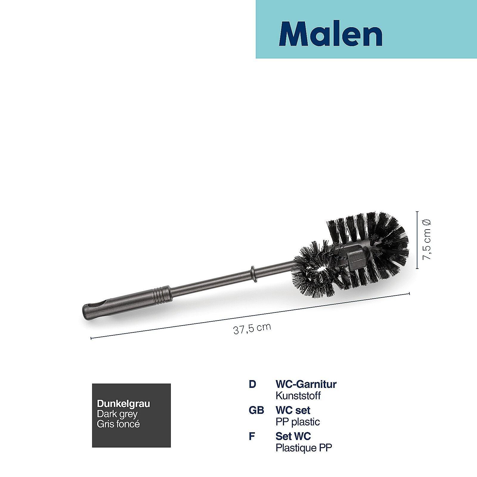 Dunkelgraue Toilettenbürste "Malen" mit silbernem Kopf und konischem Griff, Detailaufnahme aus leicht schräger Perspektive mit angegebenen Maßen 37,5 cm Länge und 7,5 cm Durchmesser.