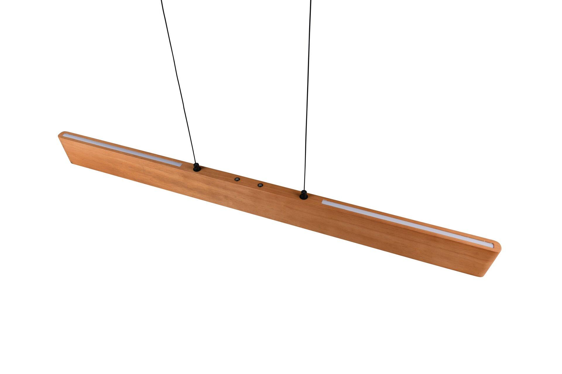Pendelleuchte Edgewood mit rechteckigem Holzgehäuse und integrierten weißen Leuchtstreifen, dargestellt an Aufhängeseilen vor weißem Hintergrund.