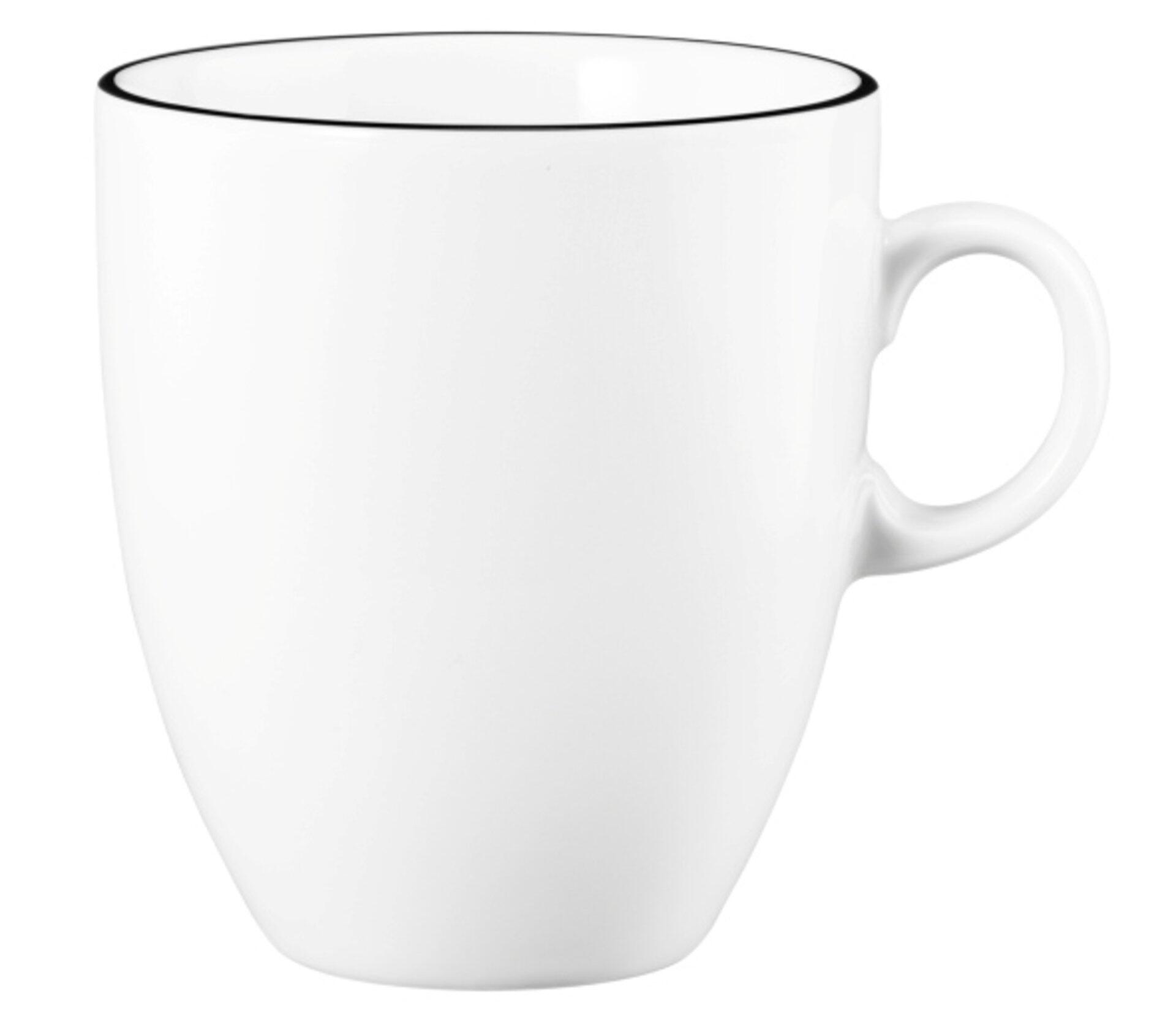 Weißer Keramiktasse "Modern Life" mit Farbrandmuster in Seitenperspektive, die ihre konische Form und den praktischen Henkel zeigt.