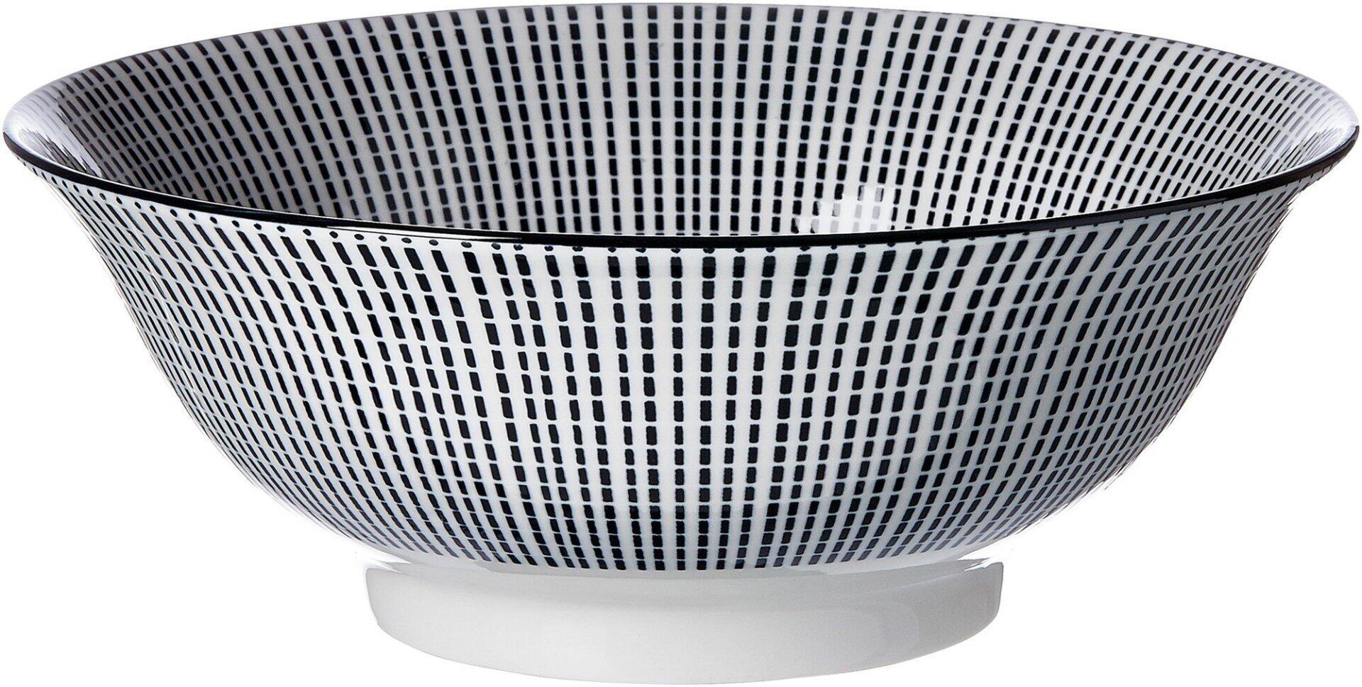 Schale Takeo Stripes mit schwarz-weißer Punktmusterung und dünnem schwarzem Rand, aus erhöhter ¾-Ansicht.