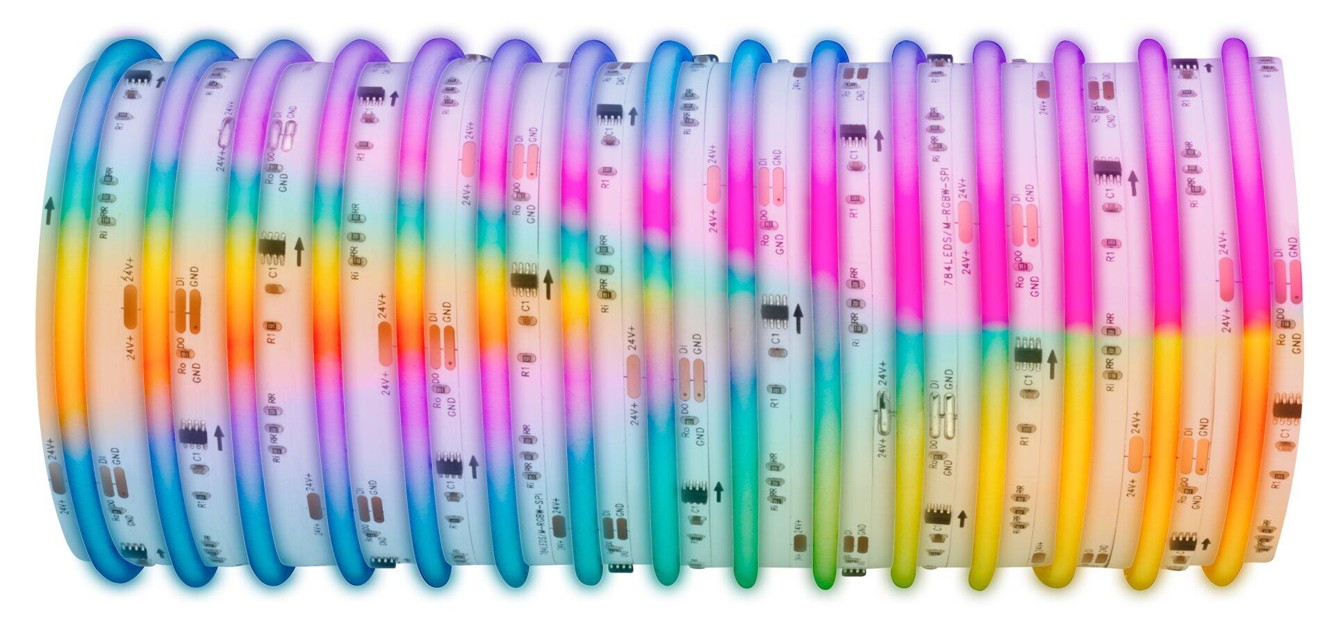 Spiralförmig angeordnete, farbige BRILO LED-Streifen mit aufgedruckten Schaltzeichen und Pfeilen, die den Stromfluss verdeutlichen.