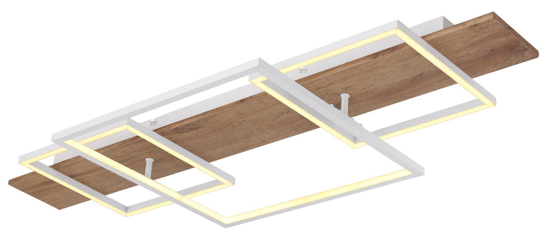Deckenleuchte VANNIE I mit warmweißer LED-Beleuchtung in quadratischen Rahmen und integriertem Holzbrett zur Wandmontage.