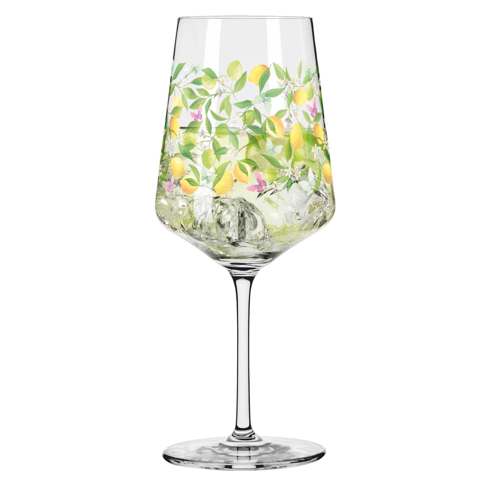 Aperitifglas mit zylindrischem Kelch, floralem Dekor und Eiswasser, aus der Vogelperspektive dargestellt.