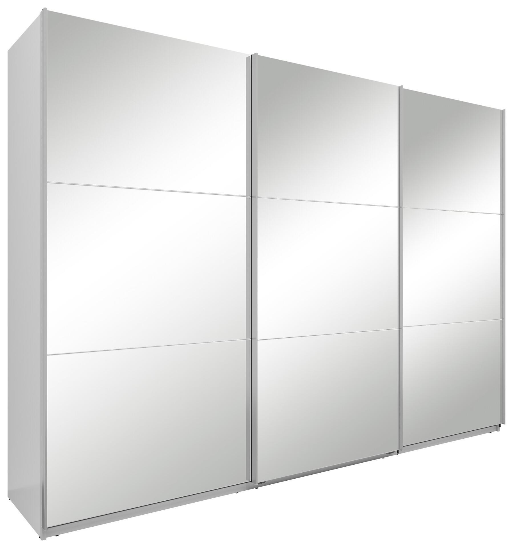 Schwebetürenschrank Neo mit glänzenden weißen Flächen und verspiegelten Elementen, dargestellt in einer frontalen Perspektive zur Demonstration des platzsparenden Designs.