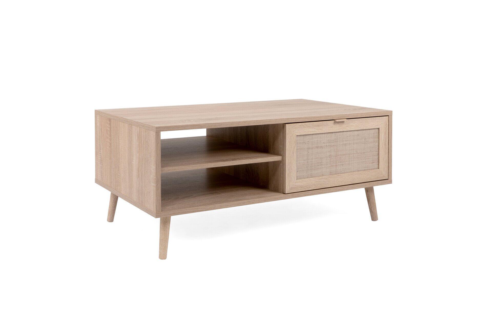 Couchtisch Bali 55A mit U-Gestell, einer Schublade mit Rattan-Geflecht und einer offenen Regalfreie mit zwei Ebenen.