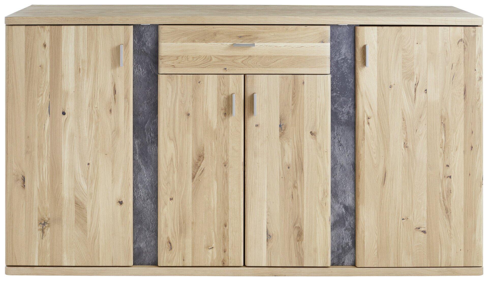 Sideboard Turego mit vier Holztüren, einer Schublade und dunkelgrauen Bändern, aus der Frontalperspektive.