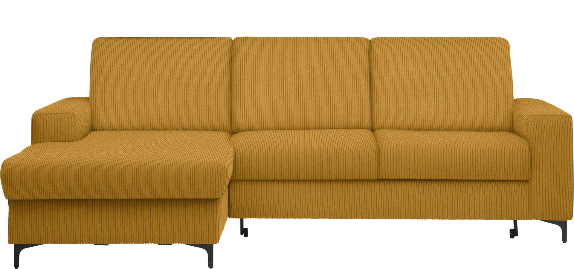 Gelbes Ecksofa Balina mit Schlaffunktion, Winkelfüßen und abklappbarer Sitzfläche im linken Bereich, dargestellt in einer Frontalperspektive.
