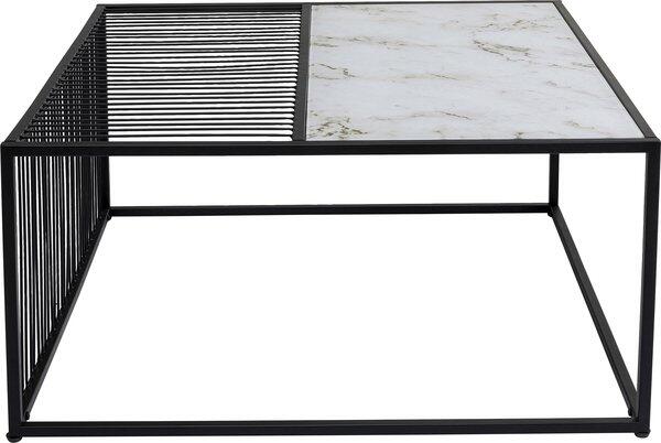 Couchtisch Twice mit weißer, lackierter Glasplatte im modernen Design und schwarzem Stahlgestell mit integriertem vertikalem Metallgitter zur Dekoration und Ablage.