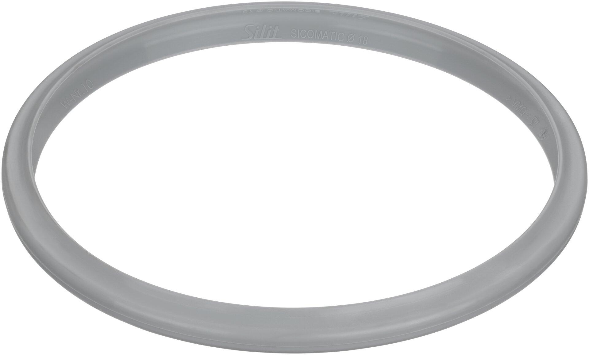 Silikon Gummiring Sicomatic von Silit: Graue, runde Silikonform mit gewellter Oberfläche und dem Schriftzug "Silit" und "SICOMATIC Ø 18" in frontalem Blickwinkel.