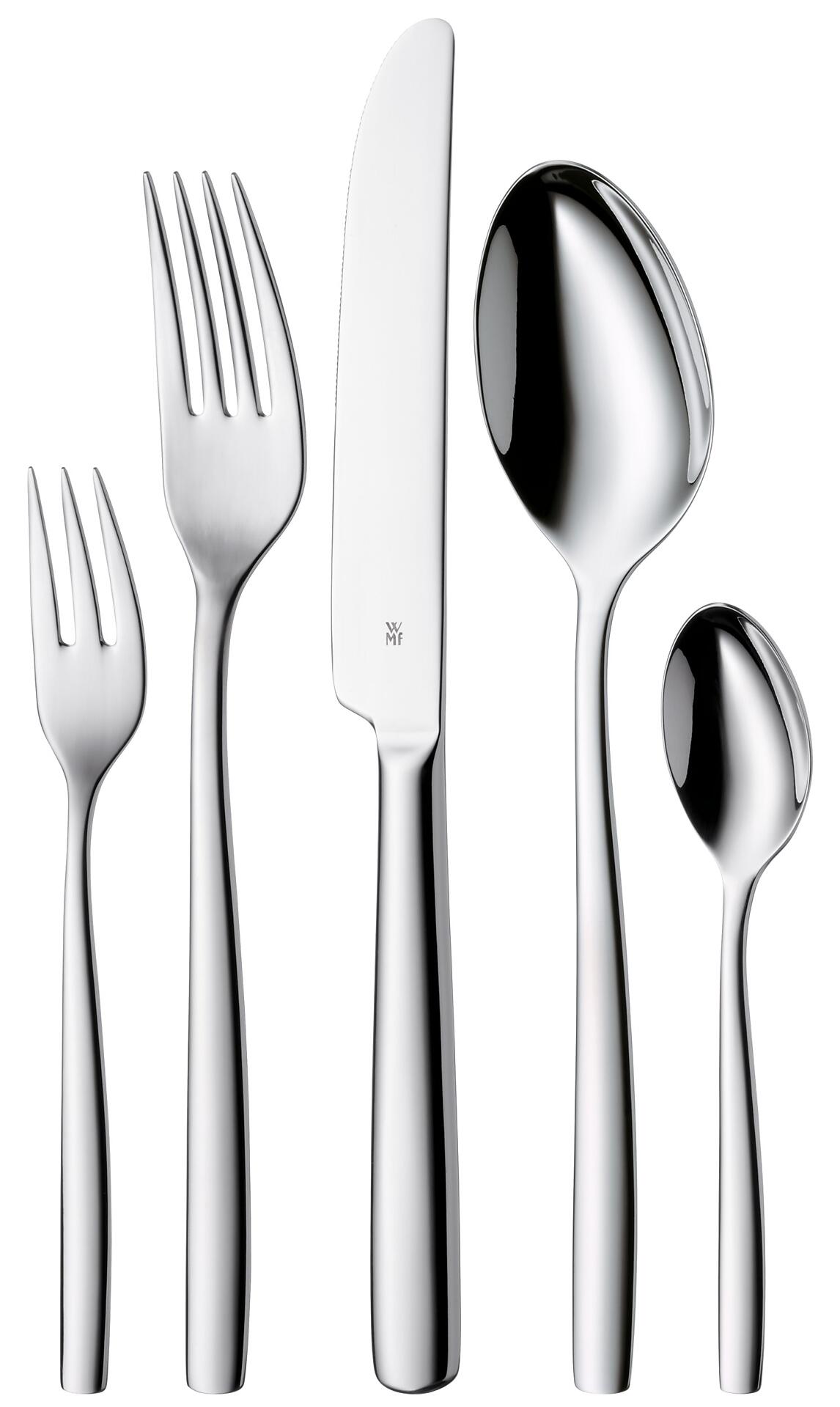 Besteck-Set Palma: Menügabel, Menümesser und Menülöffel aus Edelstahl mit elegantem Design und WMF-Logo.