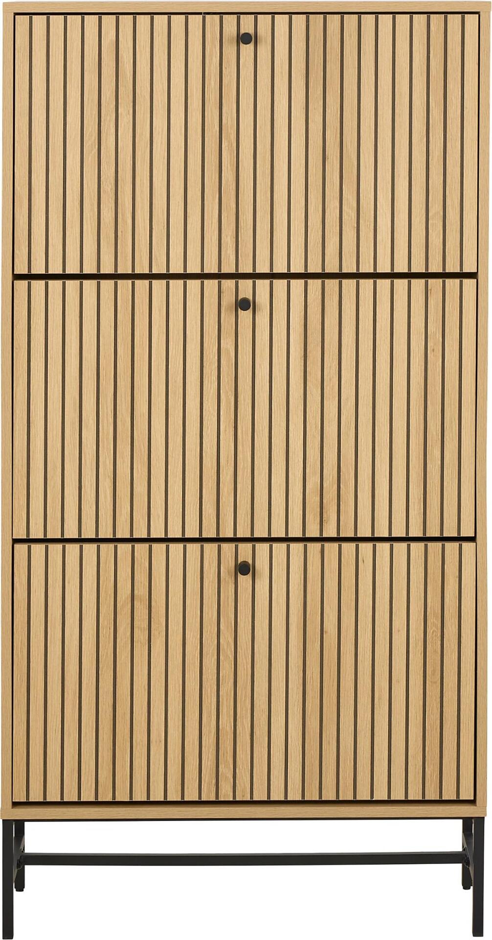 Schuhschrank Albany mit hellem Holzdekor, vertikalen Holzleisten und schwarzem Metallgestell.