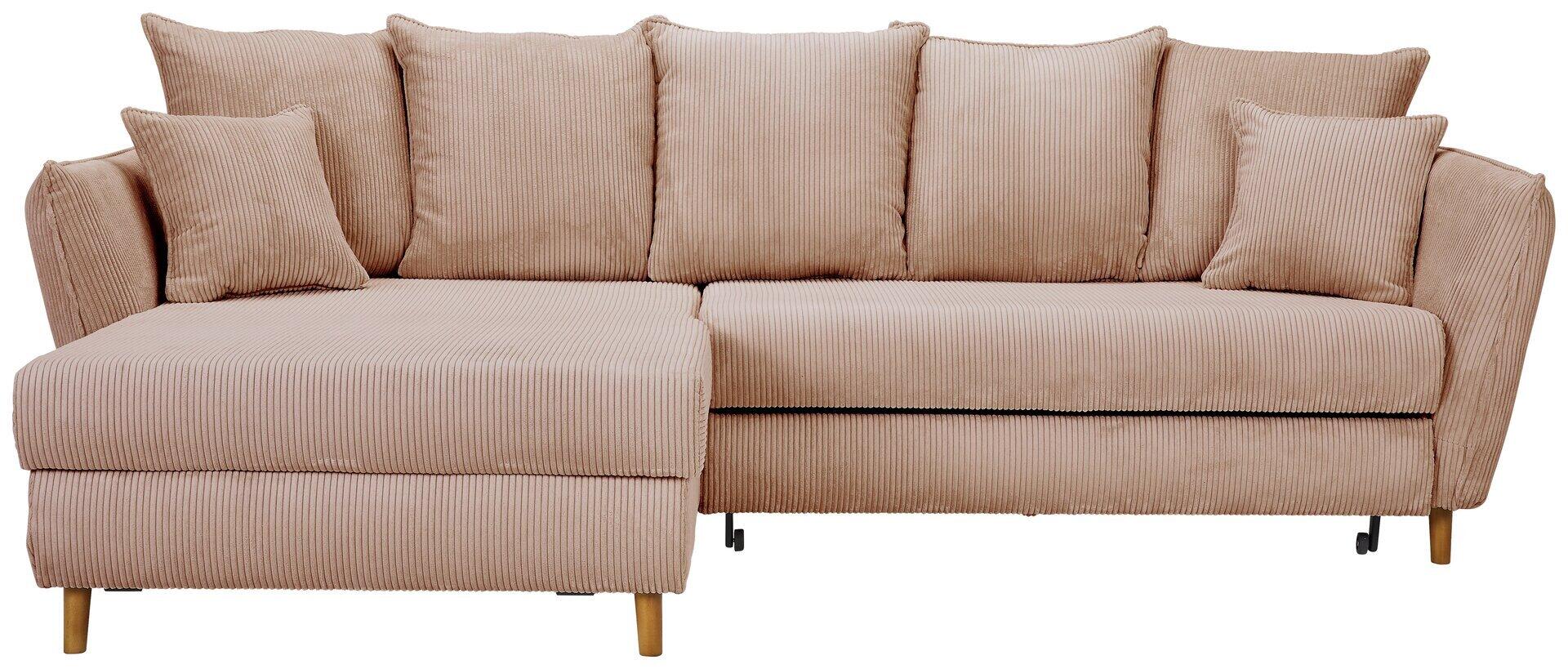 Ecksofa Santana in Rosaton mit hochgezogenen, abgerundeten Rückenlehnen, konischen Füßen mit Rollen und separater, leicht erhöhter Eck-Sitzfläche.