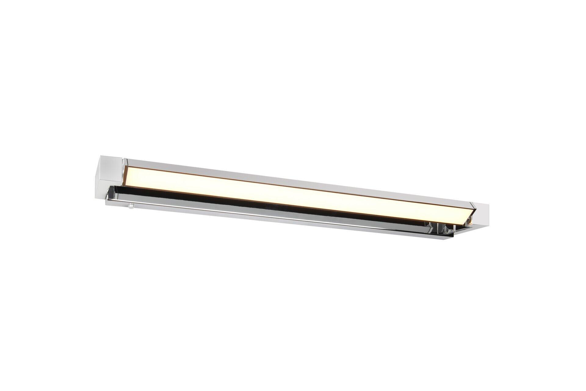Wandleuchte Fabrizio mit schlankem, rechteckigem Design und silberfarbenem Metallgehäuse, die an der Wand befestigt ist und warmes LED-Licht abstrahlt.