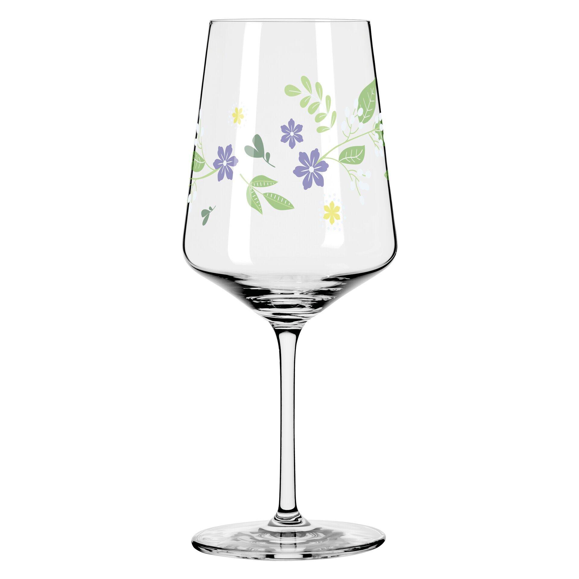 Aperitifglas-Set mit hochgewölbtem Kelch und floralem Dekor, frontal und leicht von unten fotografiert, zeigt das elegante Design und die Details der Oberfläche.