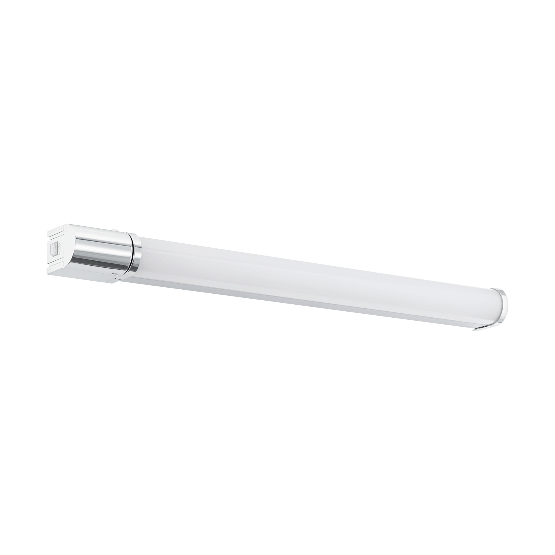 LED-Wand-/Spiegelleuchte Tragacete 1 von Eglo Batholino mit schlankem, rechteckigem Design, weißem Lampenschirm und silberfarbenen Bedienelementen.
