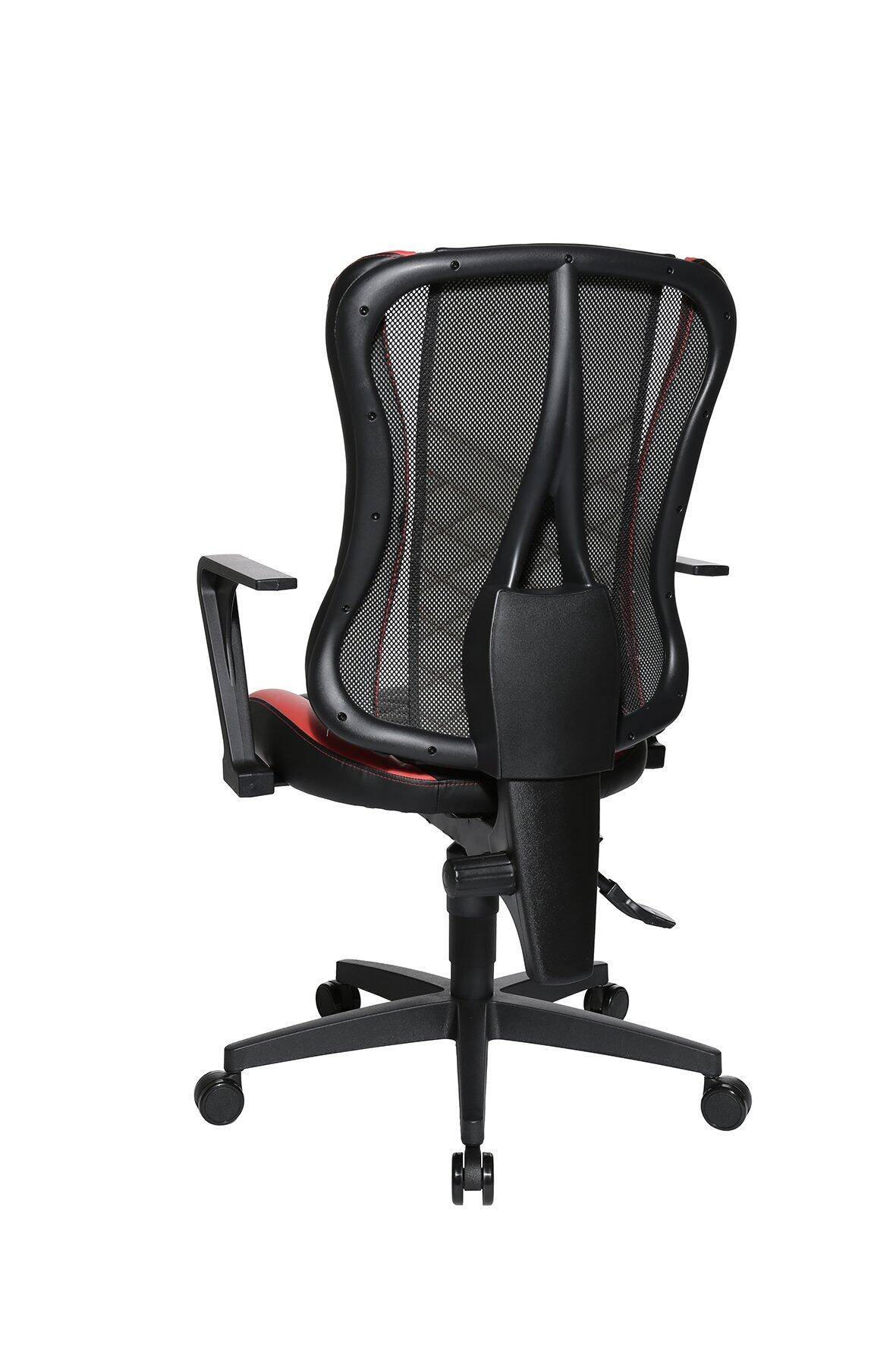 Bürostuhl Gaming Chair 10 mit schwarzem Kunststoffgestell, rot abgesetzter Netzlehne und verstellbaren Armlehnen, dargestellt aus einer seitlichen Perspektive mit sichtbarem Höhenverstellmechanismus.