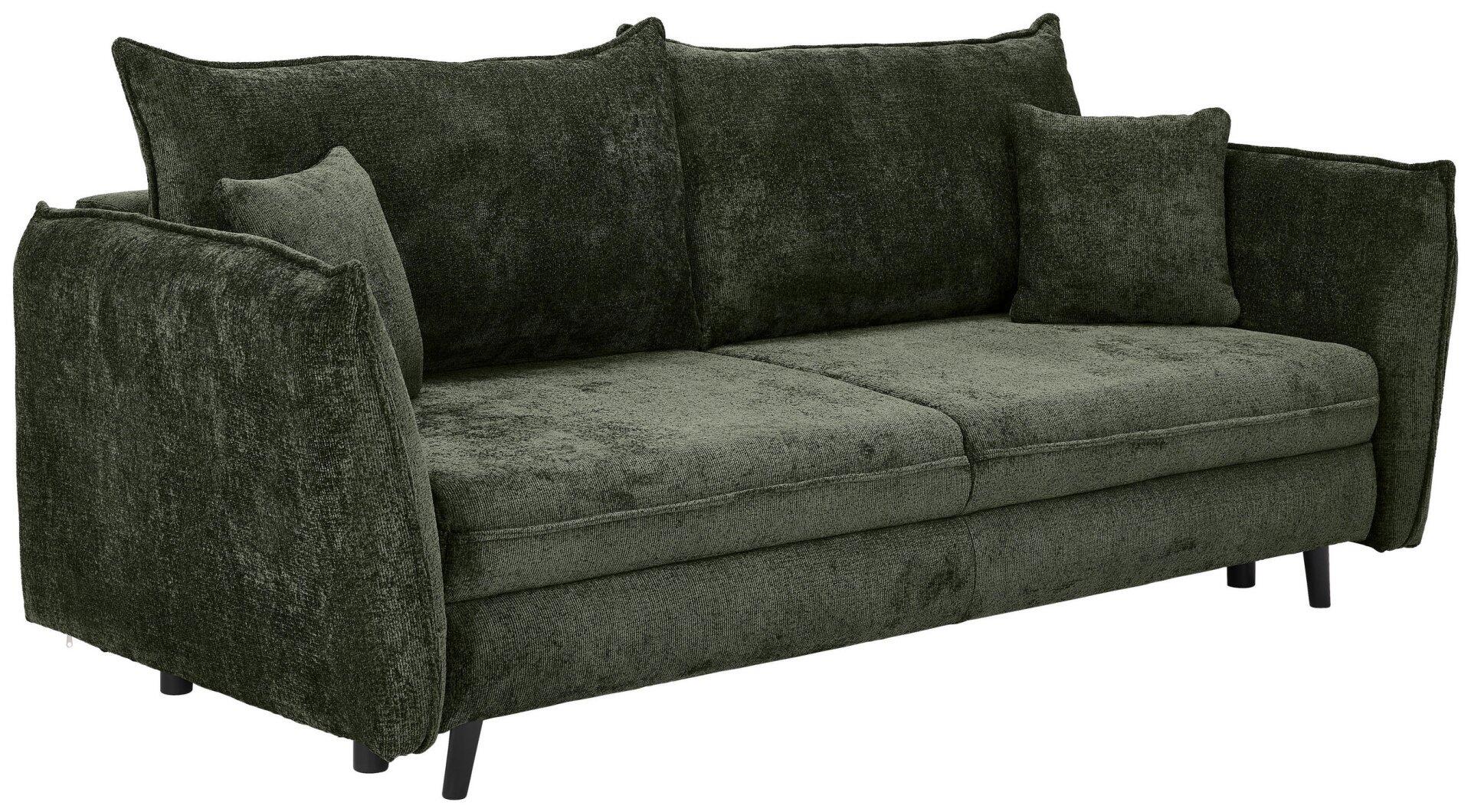 Sofa Santana in Grau mit hoher, leicht geschwungener Rückenlehne, breiten Armlehnen und schmalen, schwarzen Holzfüßen, dargestellt in einer Dreiviertelperspektive.