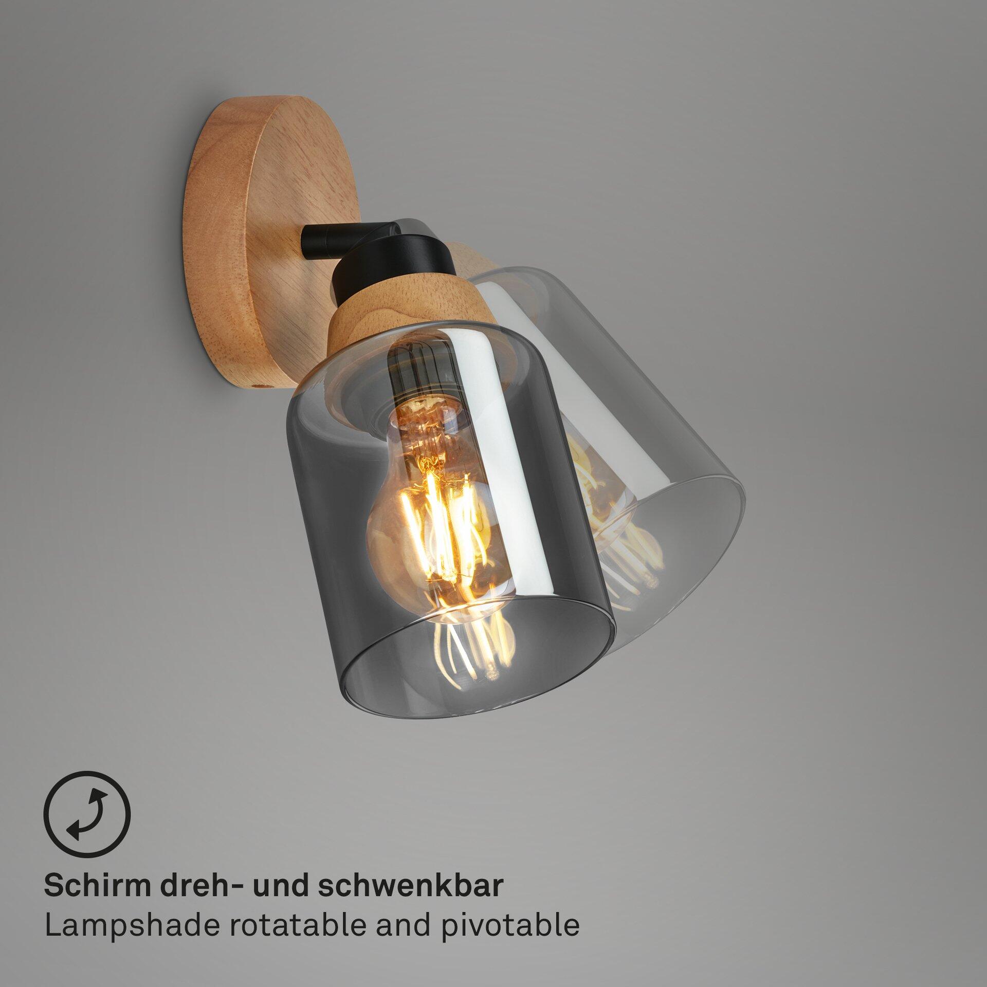 Spot Wandlampe mit rautenförmigem, getöntem Glashalterung aus Holz und schwenk- und drehbaren Lampenschirm.