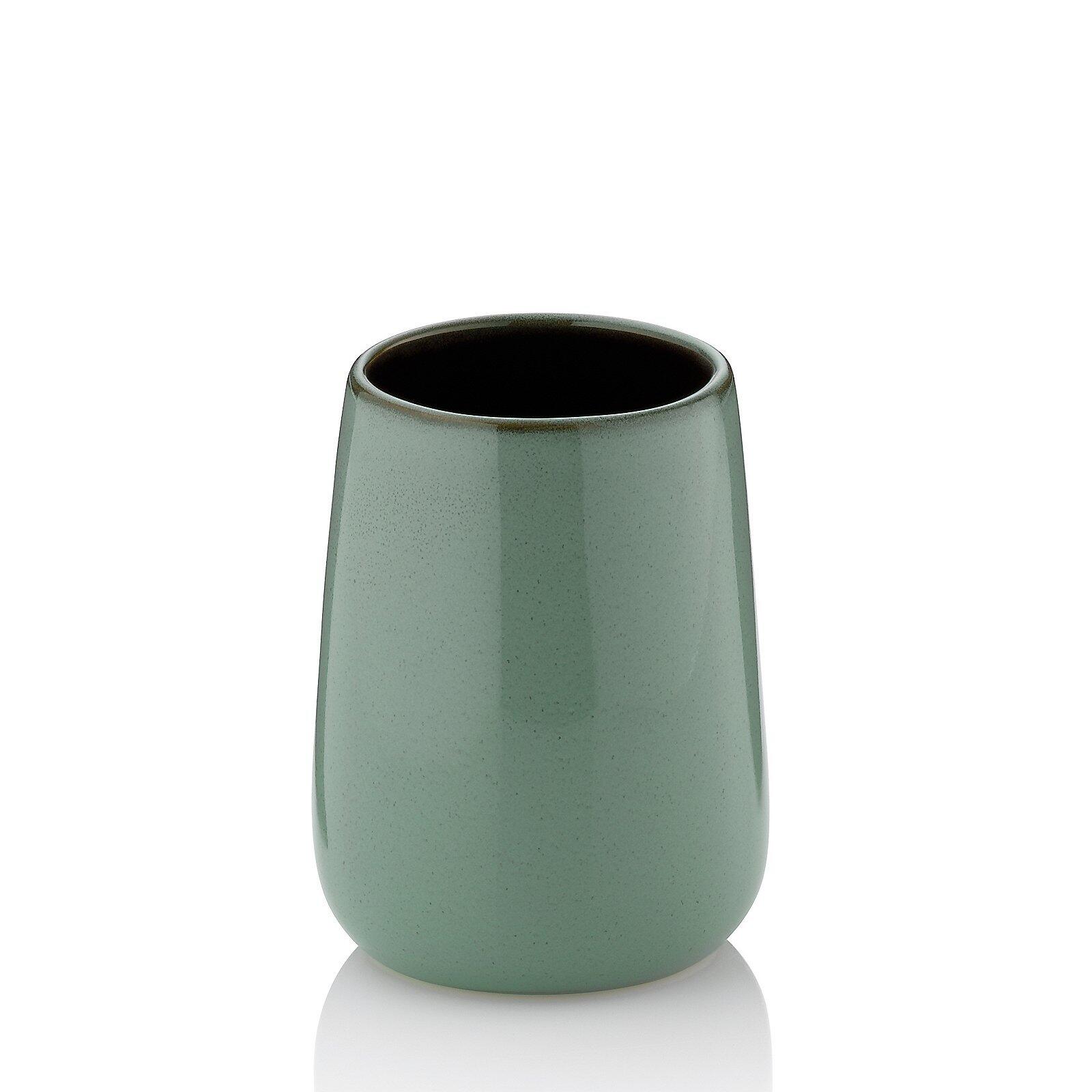 Becher Liana, zylindrischer Blumentopf aus hellem Grün-Grau mit dunklem Rand und strukturierter Oberfläche, frontal dargestellt.