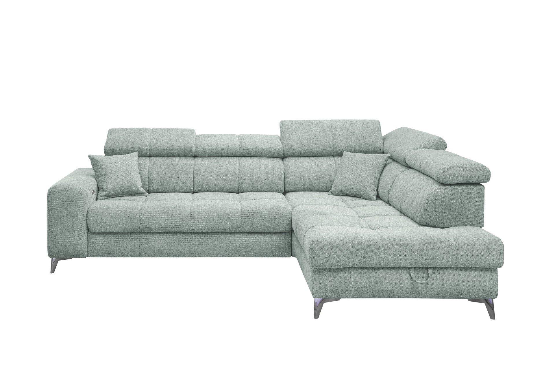 Ecksofa Sydney in hellgrau mit abnehmbarer Kopfstütze, herausziehbarer Schranke und einem Karomuster.