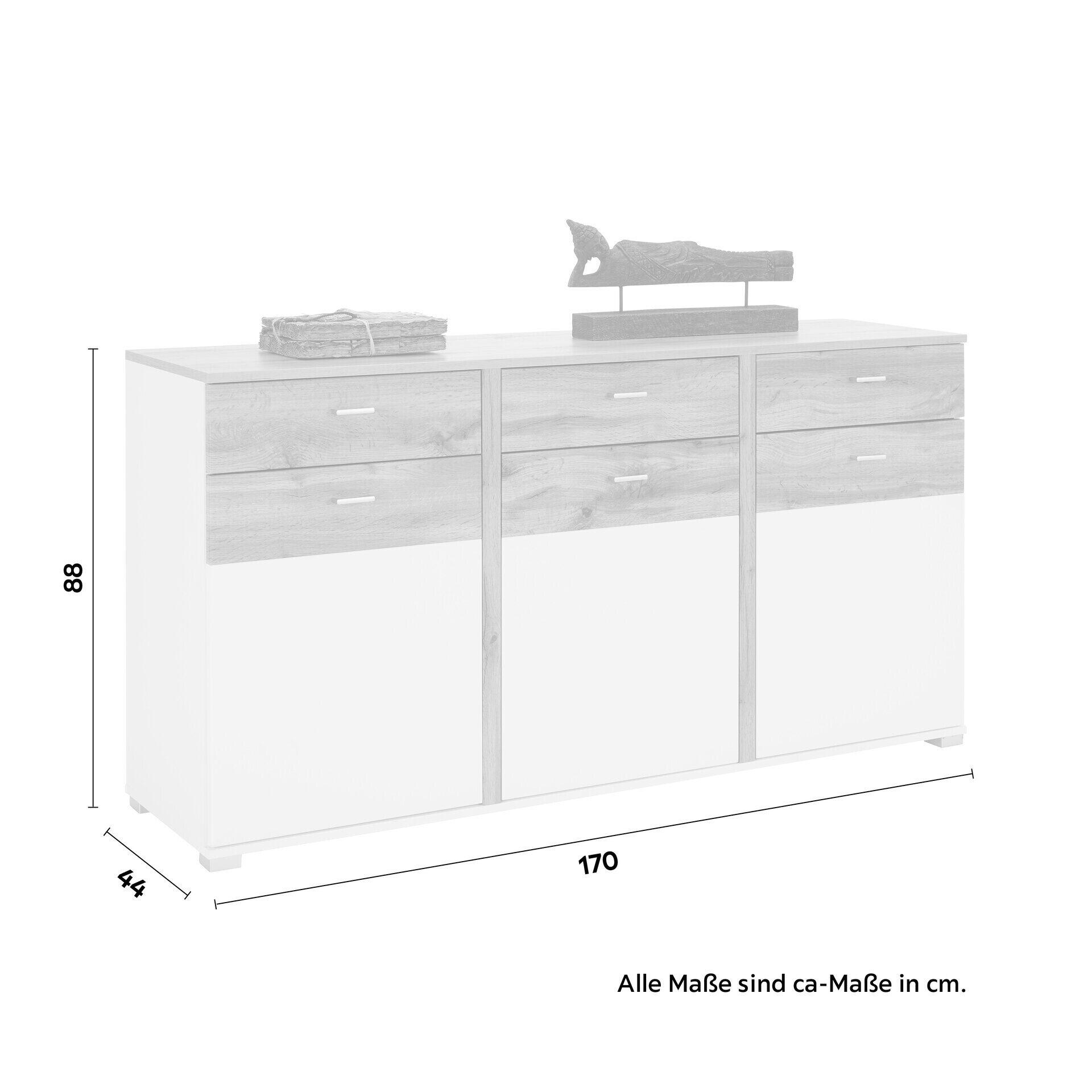 Sideboard Alamo mit drei Schubladen und drei Türen in Dreiviertelperspektive, wobei die helle, altholzähnliche Oberfläche und die schlichte weiße Seite des Sideboards erkennbar sind.
