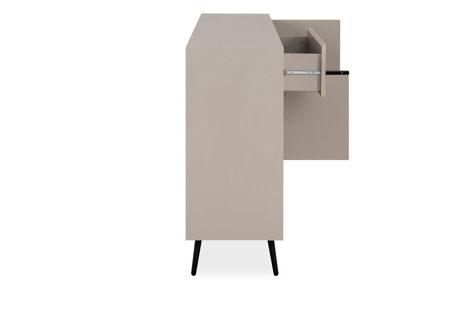 Sideboard Arona 51B mit geöffneter Schublade, die Blätter Papier zeigt, auf schmalen schwarzen Füßen, aus der Seitenperspektive.