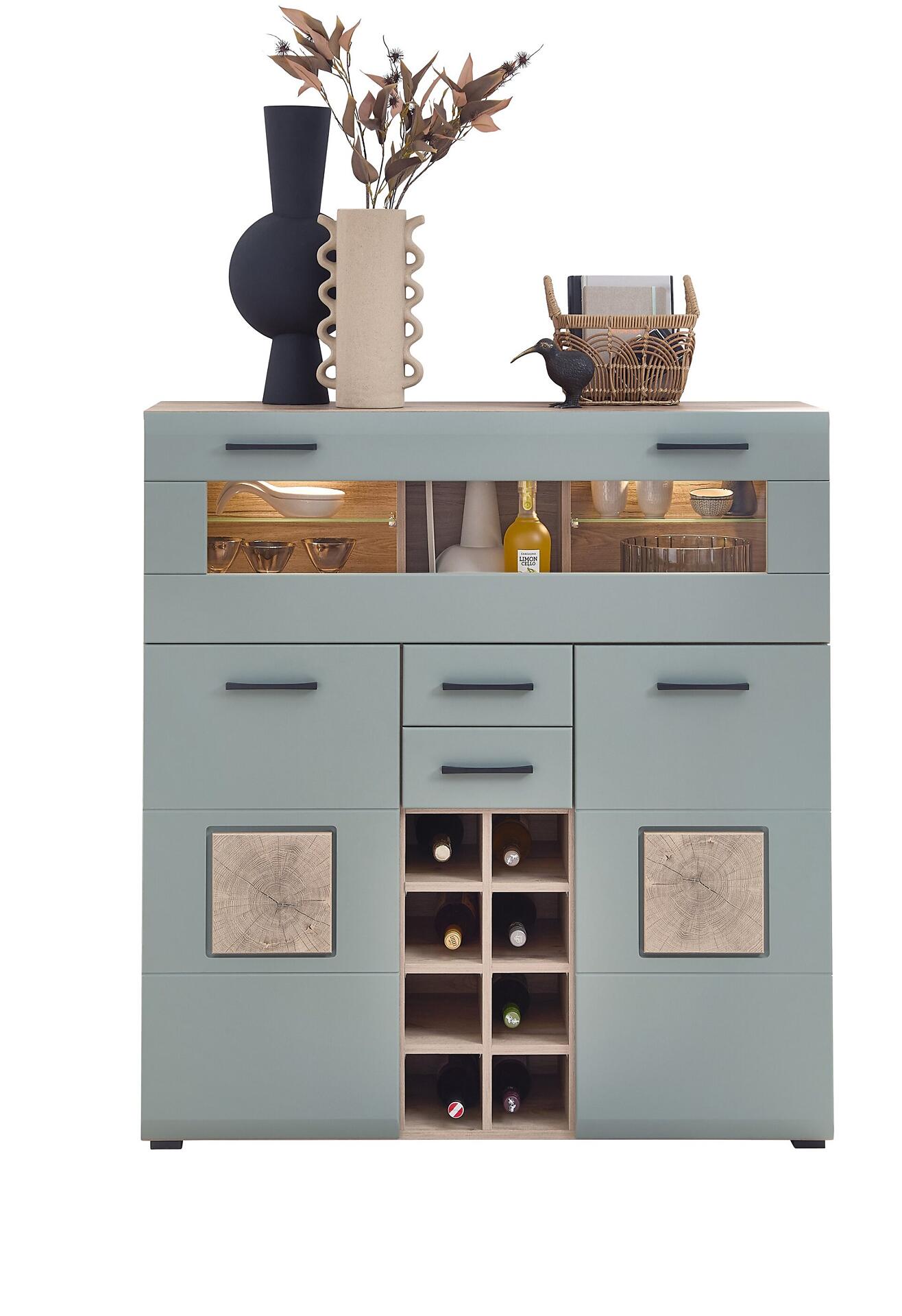 Hochregal Barschrank Fun Plus II mit versetzten, dekorativen Fächern, Weinflaschenregal und Schubladen.