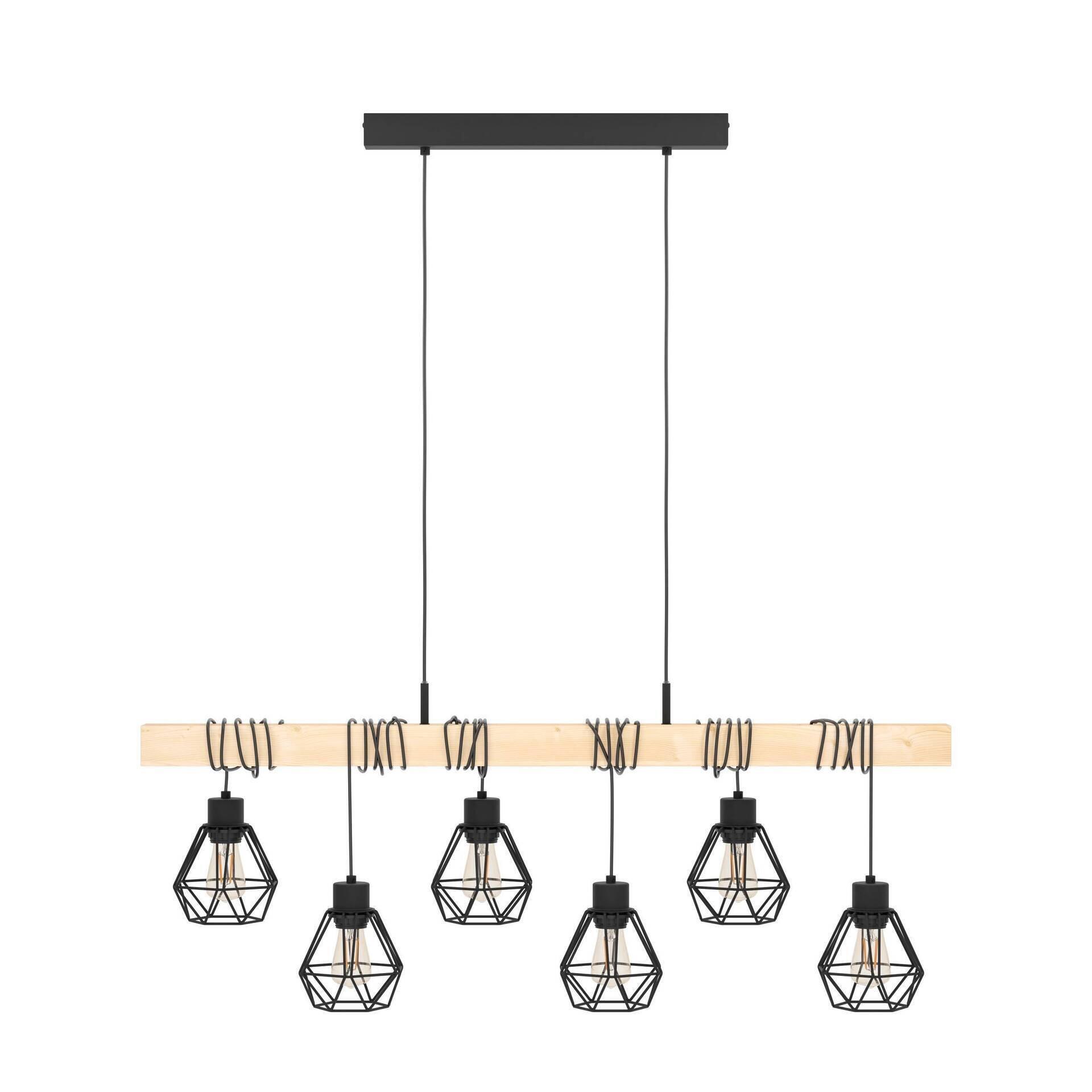 Pendelleuchte Townshend 5: Mehrfachleuchte mit sechs schwarzen Metallkugeln, jeweils mit Glühbirne, an einer horizontalen Holzleiste in Frontalperspektive.
